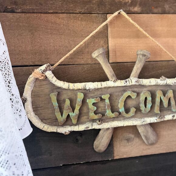 Welcome Sign Birch Wood Style Canoe with Paddles Rustic Lake House Home Decor - Picture 3 of 7